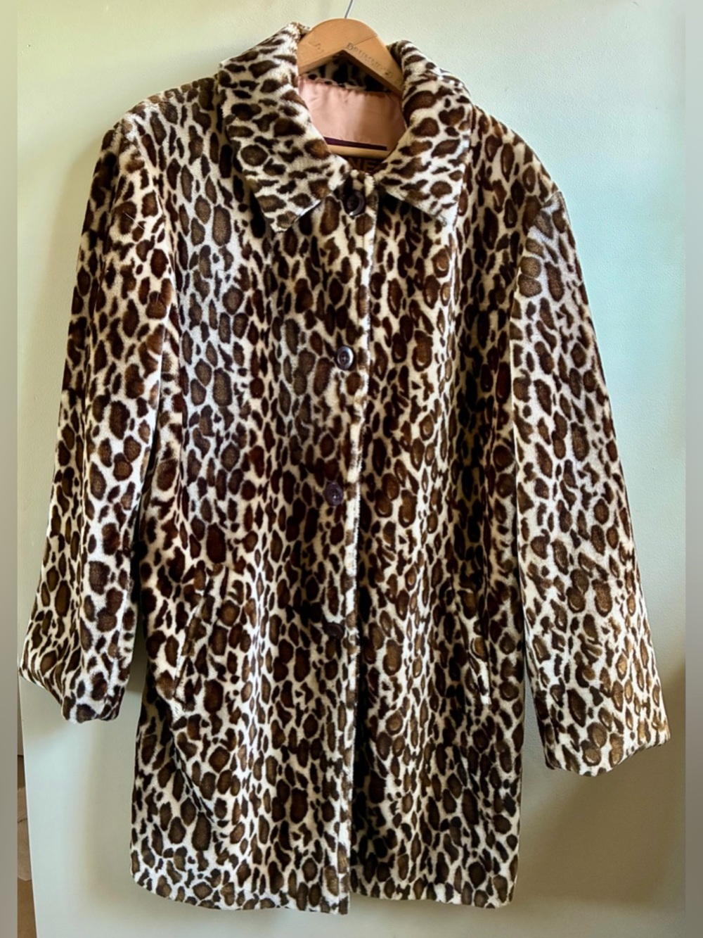 Leopard Print Faux Fur Coat in Brown & Beige with rust satin lining